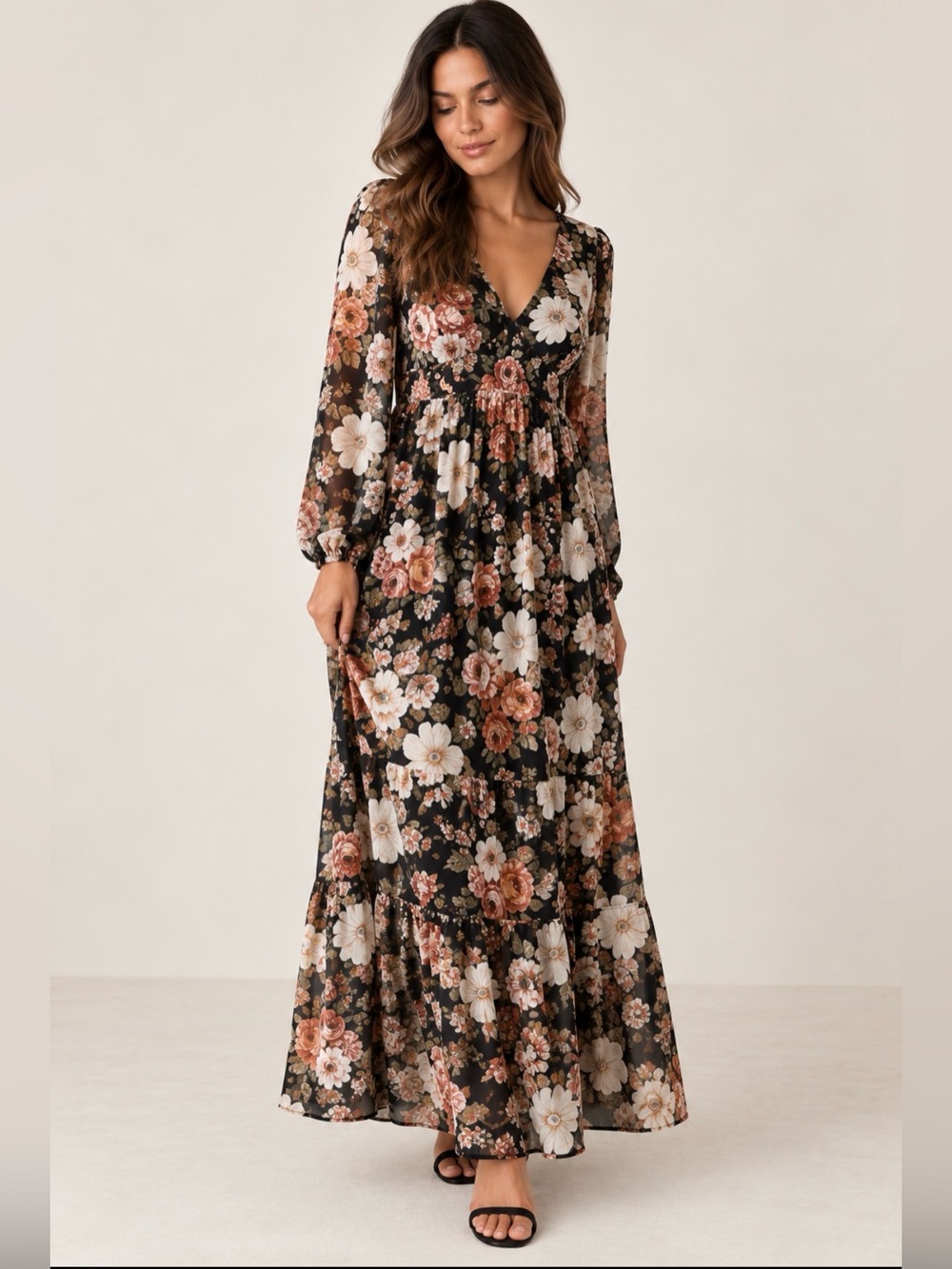 Park & Fifth Larkin Black Floral V-Neck Long Sleeve Dress - size XS